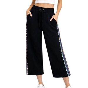 Johnny Was Los Angeles Kaira Crop Pant black Embroidered Stripe Sides size S